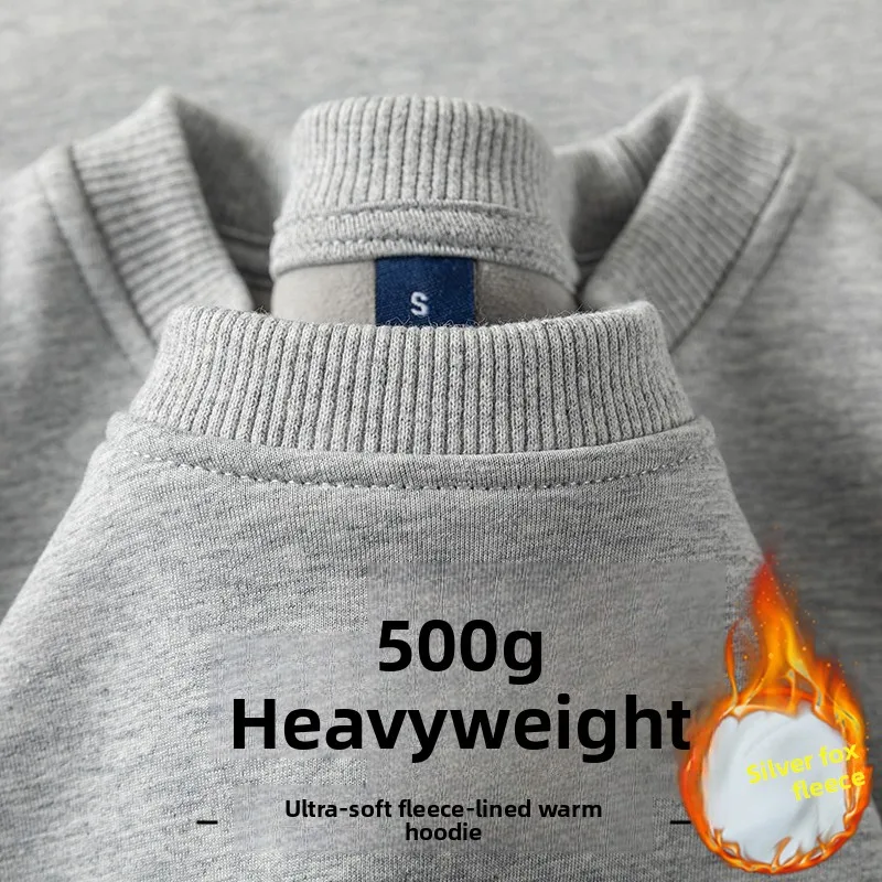 Heavyweight Fleece Lined Sweatshirt Unisex Oversized American Style Warm round Neck Long Sleeve T-Shirt for Autumn Winter