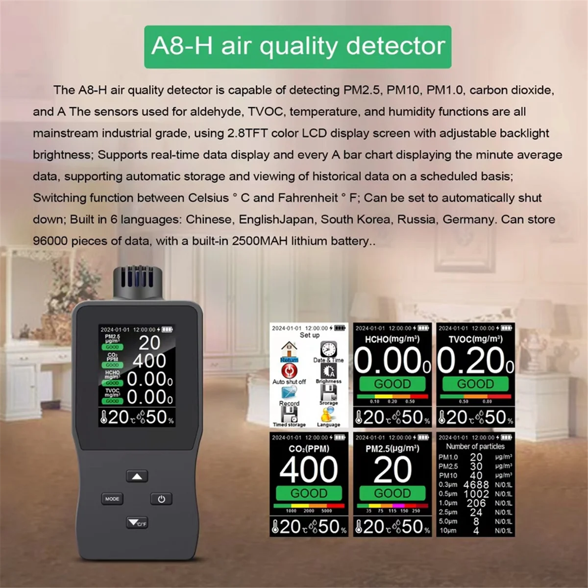 

ABNJ Монитор качества воздуха Внутренний тестер качества CO2/TVOC/PM2.5/температура/влажность Детектор качества воздуха Высокоточный сенсорный тестер