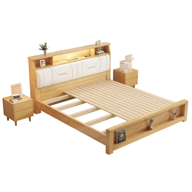 Modern simple white solid wood bed cream soft night light waterproof soft bag embedded charging bedroom storage soft bed