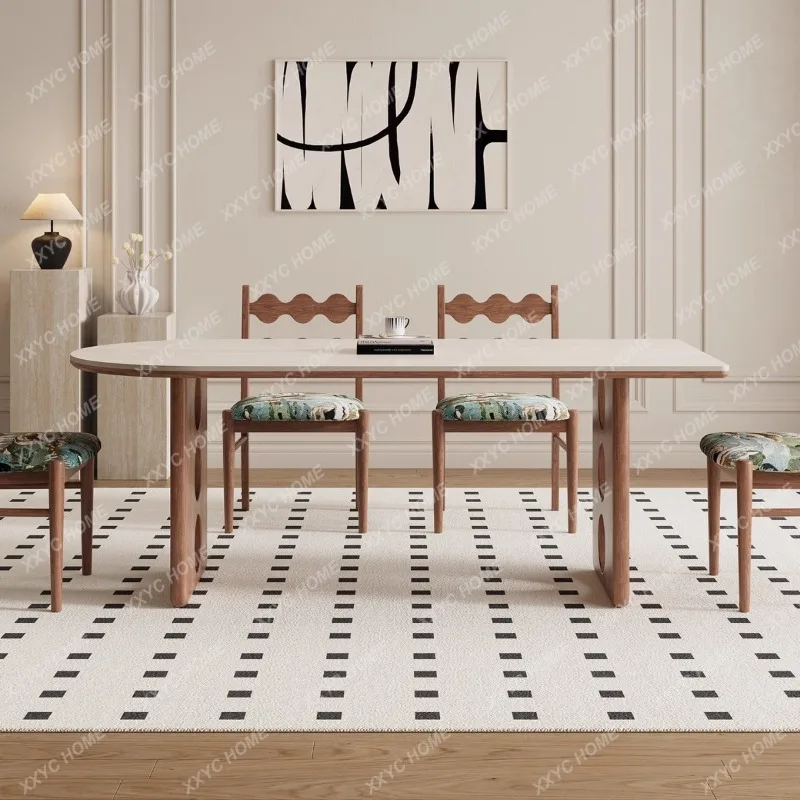 

M Solid wood rock slab dining table household high-end rectangular small apartment cream style