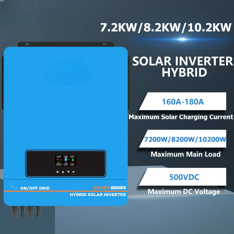 

Hybrid Solar Inverter 7.2KW 8.2KW 10.2KW Build-in Mppt 160A-180A Controller 500VDC PV Input 230VAC 48V Pure Sine Wave