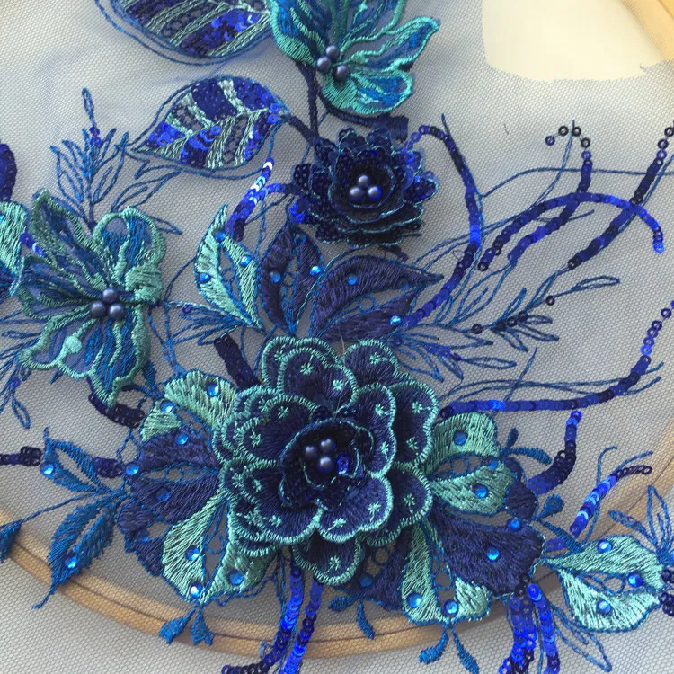 3 - Color Navy Blue Rose Gold Sequins 3D Stereo Flowers Lace Accessories for Children's Dresses Dance Performance Costumes