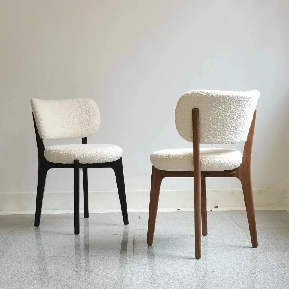 French Style Solid Wood Dining Chair with Sherpa Cushioned Seat Mid-Century Modern Compact Backrest Chair Space-Saving Design