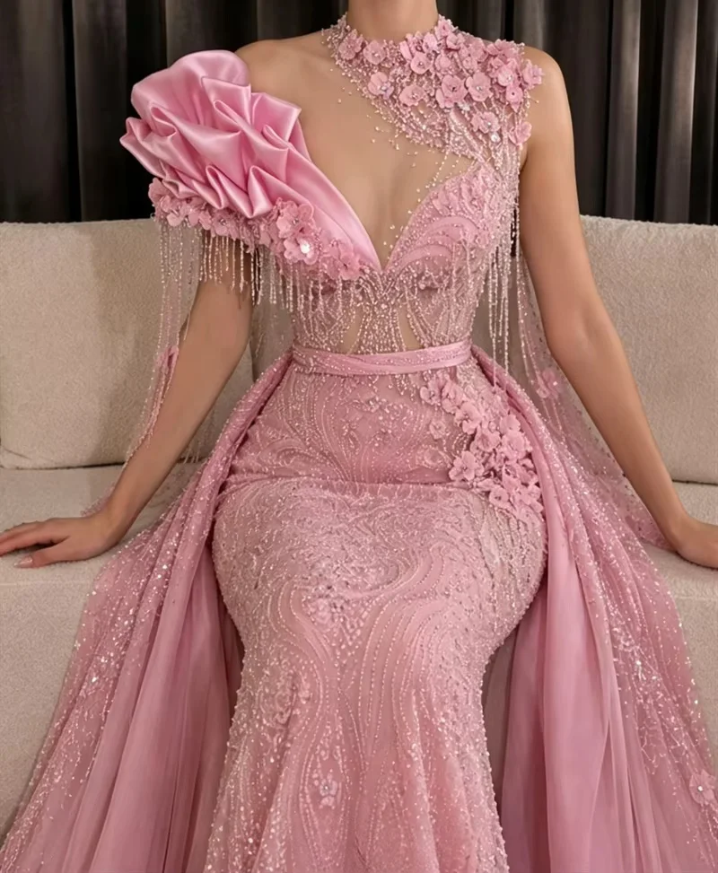 Pink Long Middle Eastern Evening Dresses Luxury Floral Beaded Saudi Arabia Dubai Robe De Soiree Prom Dress Gown Customized