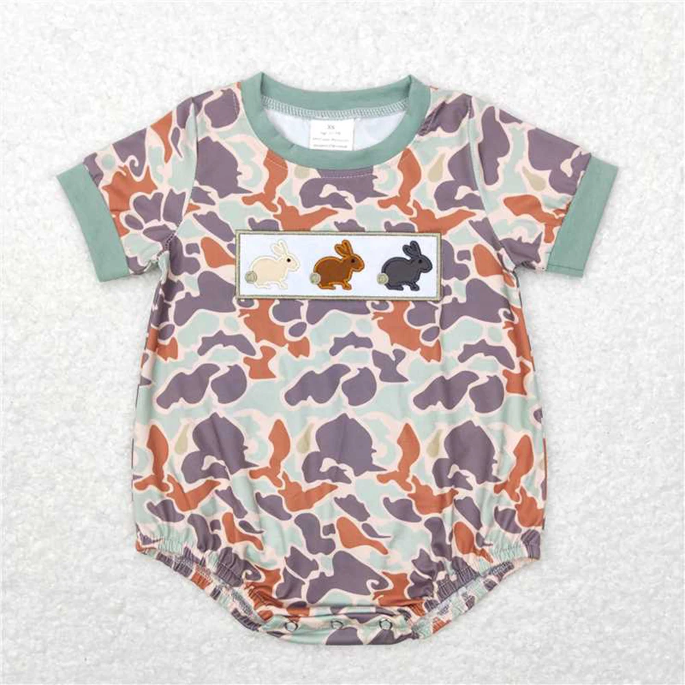 Wholesale hot sale baby kids newborn children toddler clothes Easter Embroidered Three Rabbits Camouflage Short Sleeve onesies