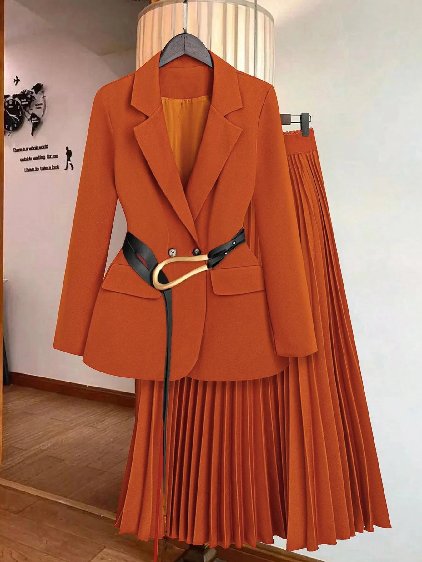 طقم نسائي مكون من قطعتين، تنورة وسترة (بدون حزام)، تصميم كاجوال عادي، ملابس لجميع المواسم، طراز مناسب، قماش متوسط الساق #4