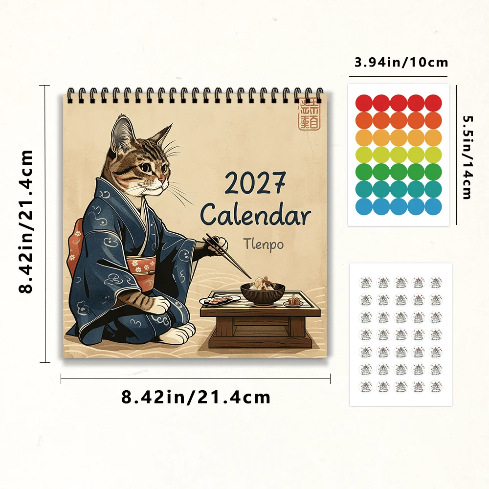 1pc 2027 Japanese Kimono Cat  Wall Calendar,12‑Month Planner,Gift For Back‑to‑School,Christmas,New Year,Free Stickers Included