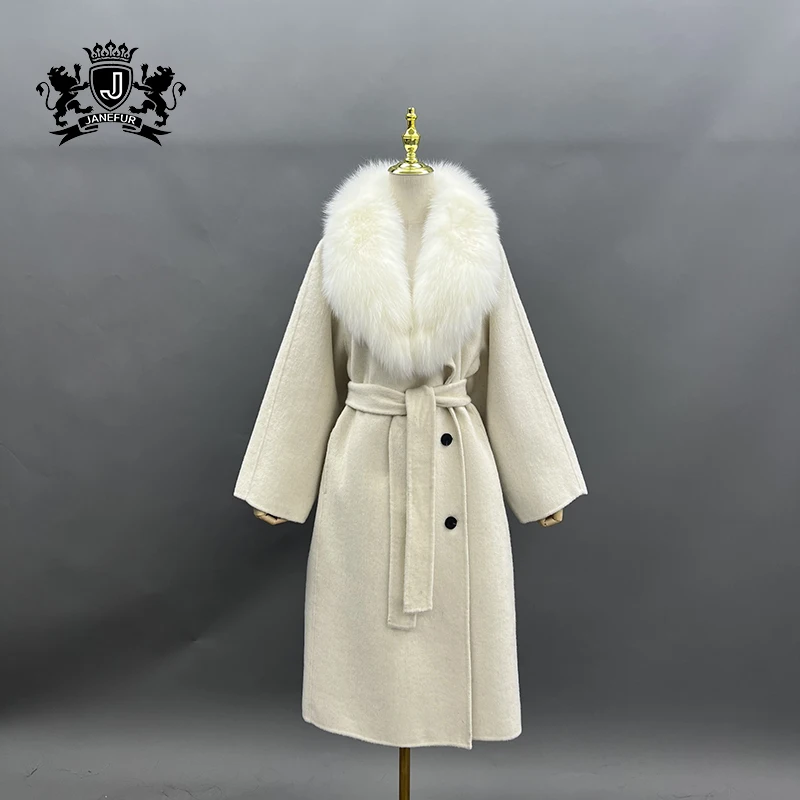 JANEFUR Wool Coat Ladies Long 2024 Fashion Luxury Real Fox Fur Collar Cashmere Coats Belt Elegant Natural Fur Winter Outerwears