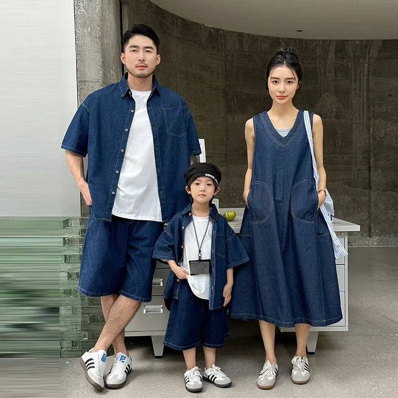 Korean Kids Denim Vest Dress Mom Daughter Outfit 2025 Summer Family Matching Set Denim Top Pants Outfit Clothes for Girls Boys