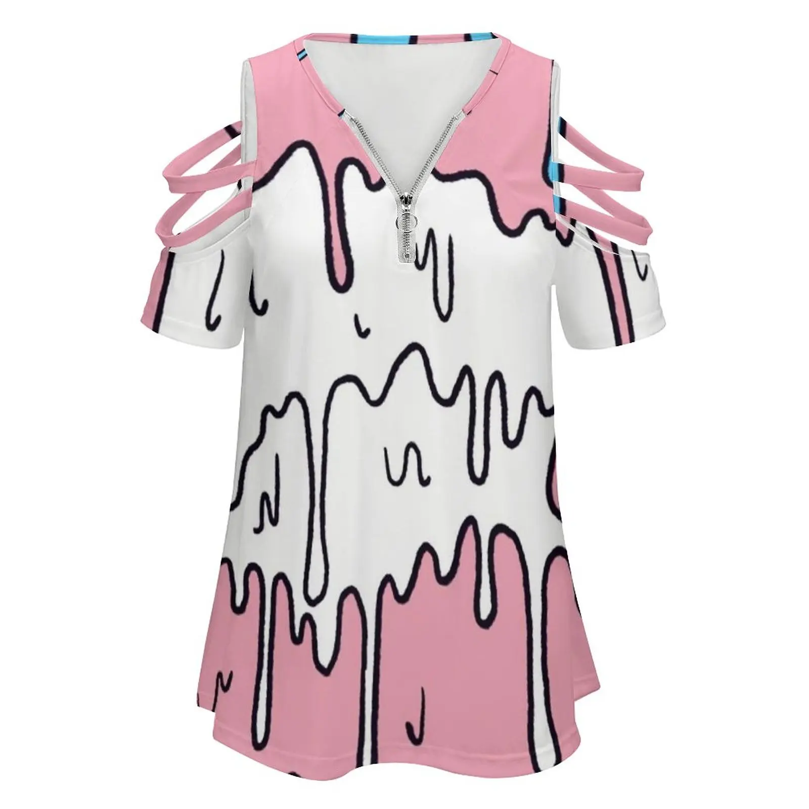 Pastel Kawaii Melting Trans Pride Lgbtq Design Women's T-Shirt New Fashion Printed Zipper V-Neck Short Sleeve T Shirts Casual