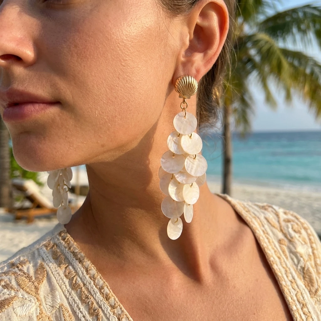 Exquisite weiße runde Muschel-Quasten-Ohrringe für Damen – Sommerlicher Ozean-Stil mit Seestern und Jakobsmuschel – Ästhetischer Partyschmuck – Detail 3