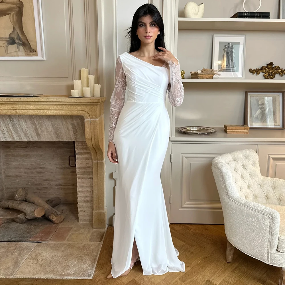 Modern Chiffon Front Slit Sheath Wedding Dress Bride Lace Long Sleeved Pleats One Shoulder Bridal Gowns Customized Court Train