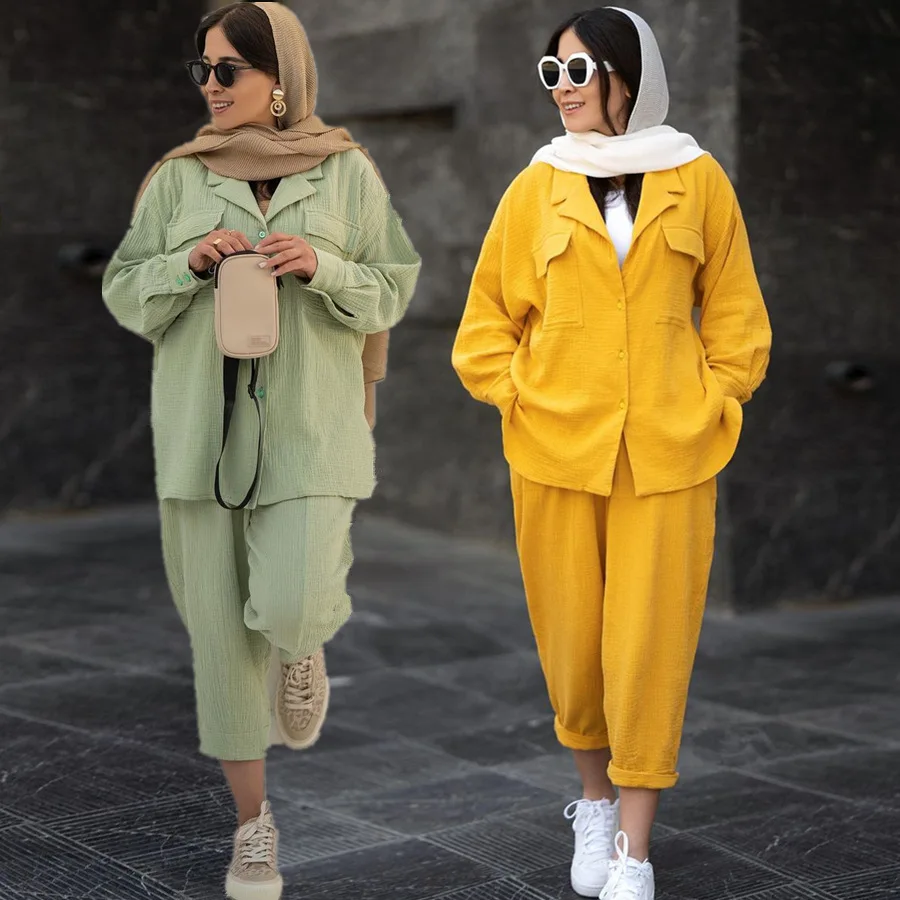 Ramadan Two Piece Sets Pocket Splice Shirt Pants Women Muslim Suits Top Blouse Ensembles Moroccan Kaftan Islamic Arab Arab