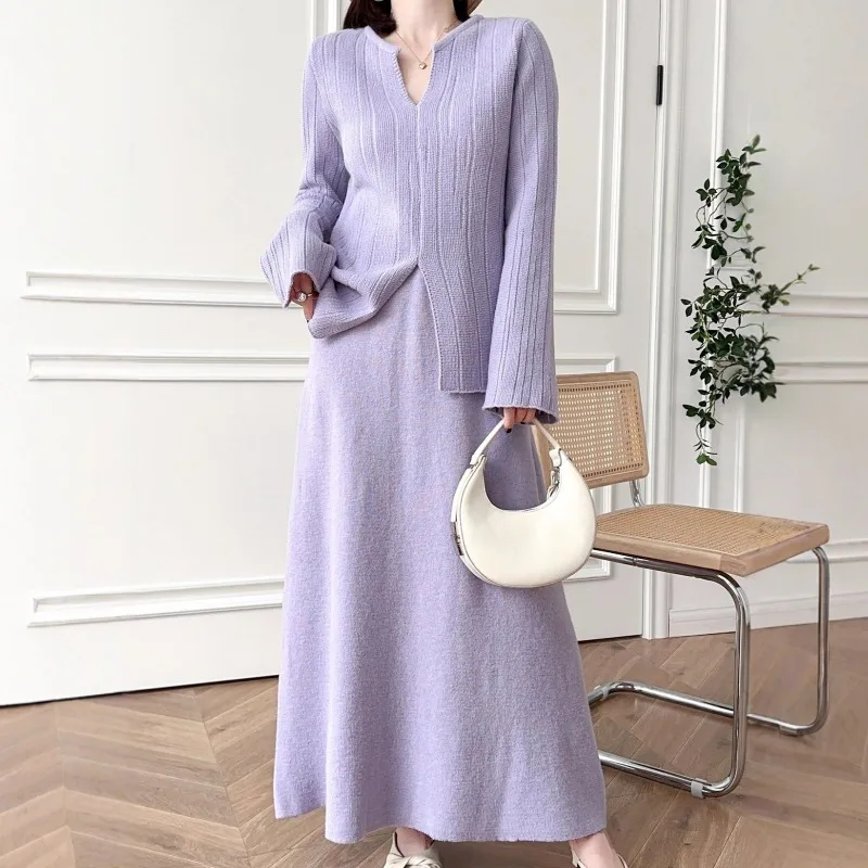 

Casual Loose Solid Long Sleeve V-neck Knit Pullover+Elastic Waist Maxi Skirt 2-piece Set Winter Women's Suit Korean Women's Sets