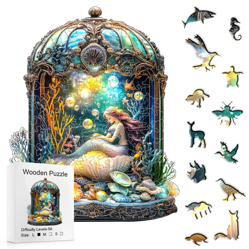 Elegantes Meerjungfrauen-Holzpuzzle, Retro-Kuppel Unterwasser-Kunstpuzzle für Geschenk und Heimdekoration