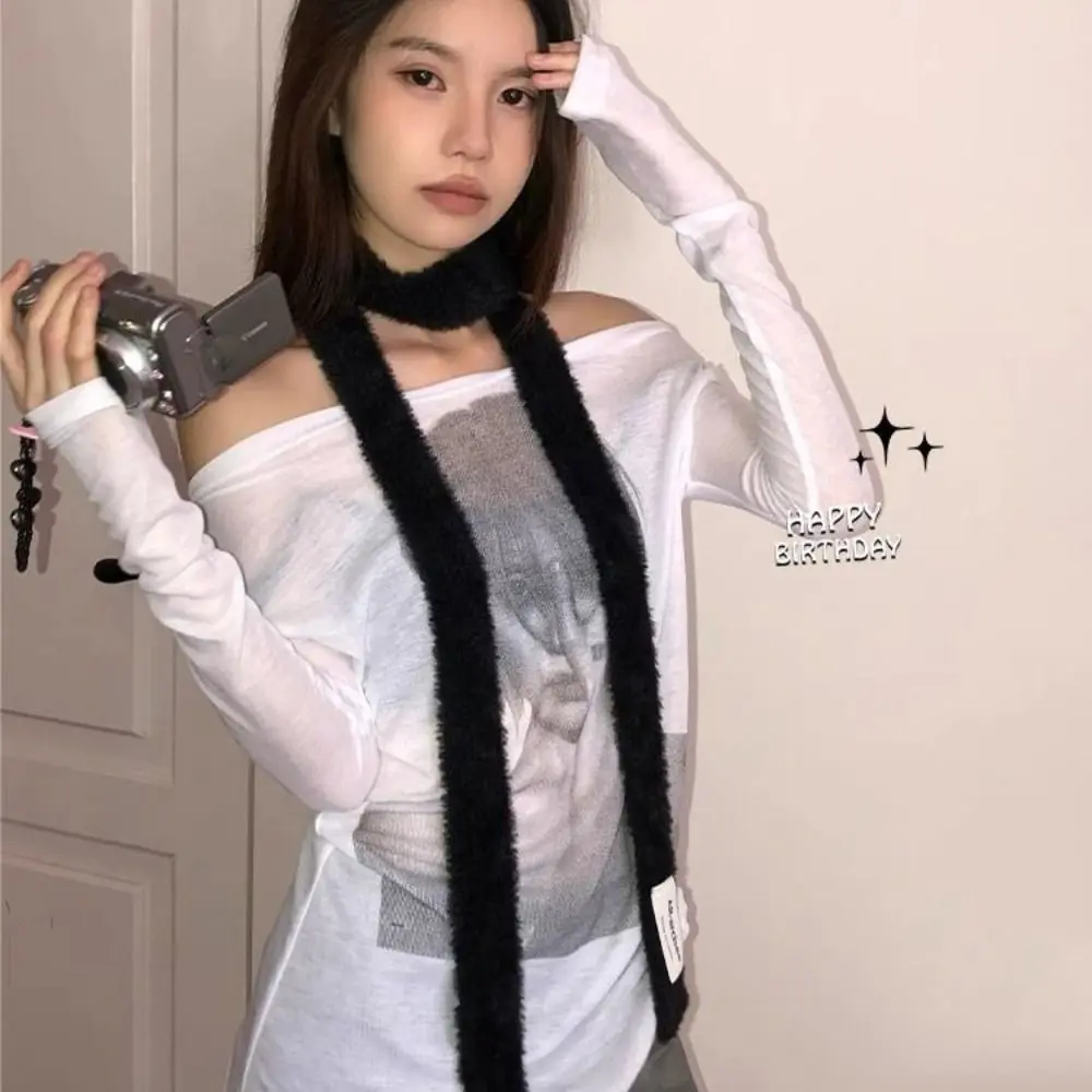 Soft Solid Color Wool Shawl Y2K Dressing Decoration Knitted Scarf Ribbon Korean Style Long Narrow Scarves Autumn/Winter