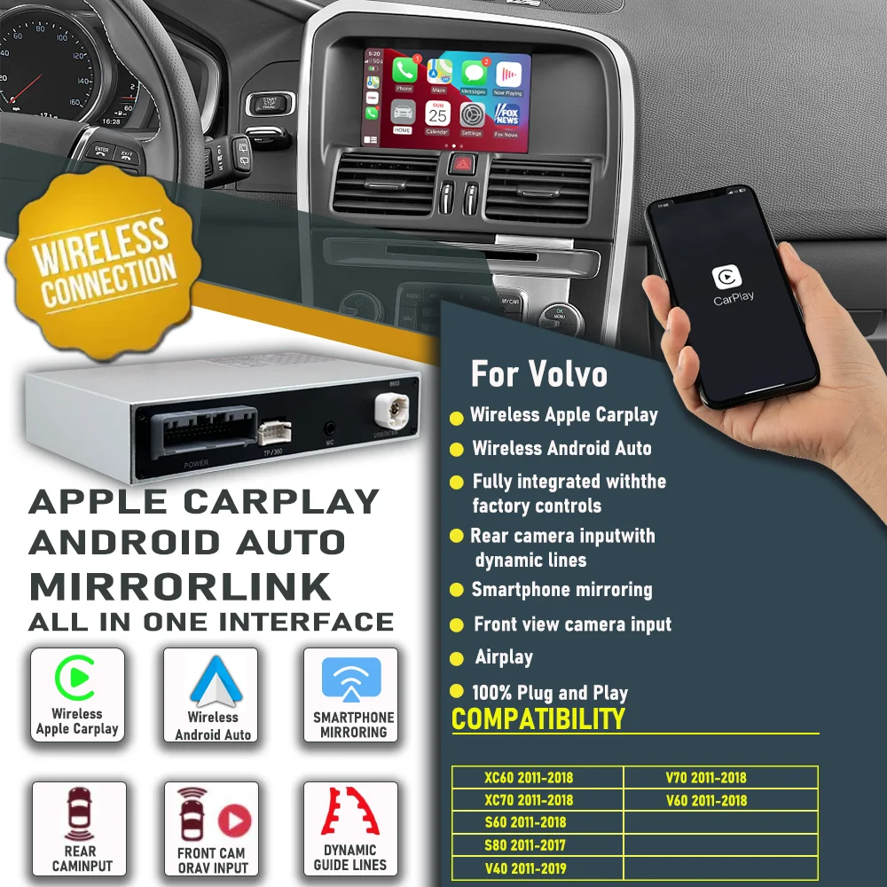 Módulo inalámbrico Apple Carplay para coche Volvo, decodificador con enlace de espejo, Android, AI, para XC60, XC70, S60, S80, V60, V70, V40