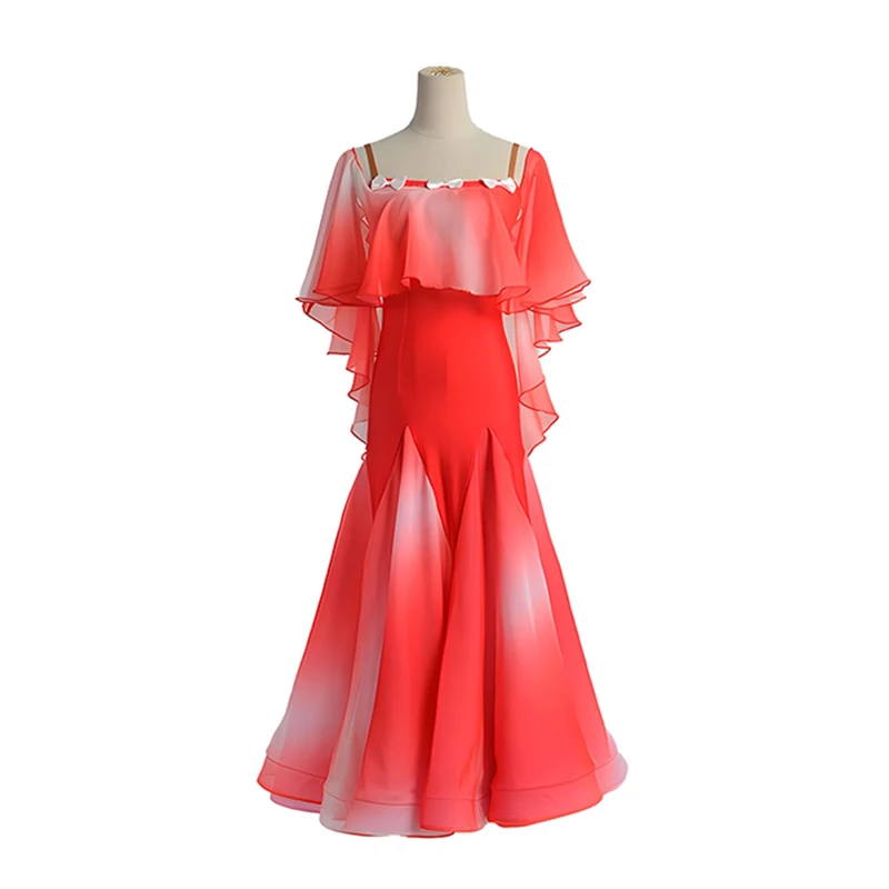 2024 New Ballroom Dance Costume Female Latin Dance Red Rose red Gradient Chiffon Slimming Small Fishbone Large Swing Dress XH693