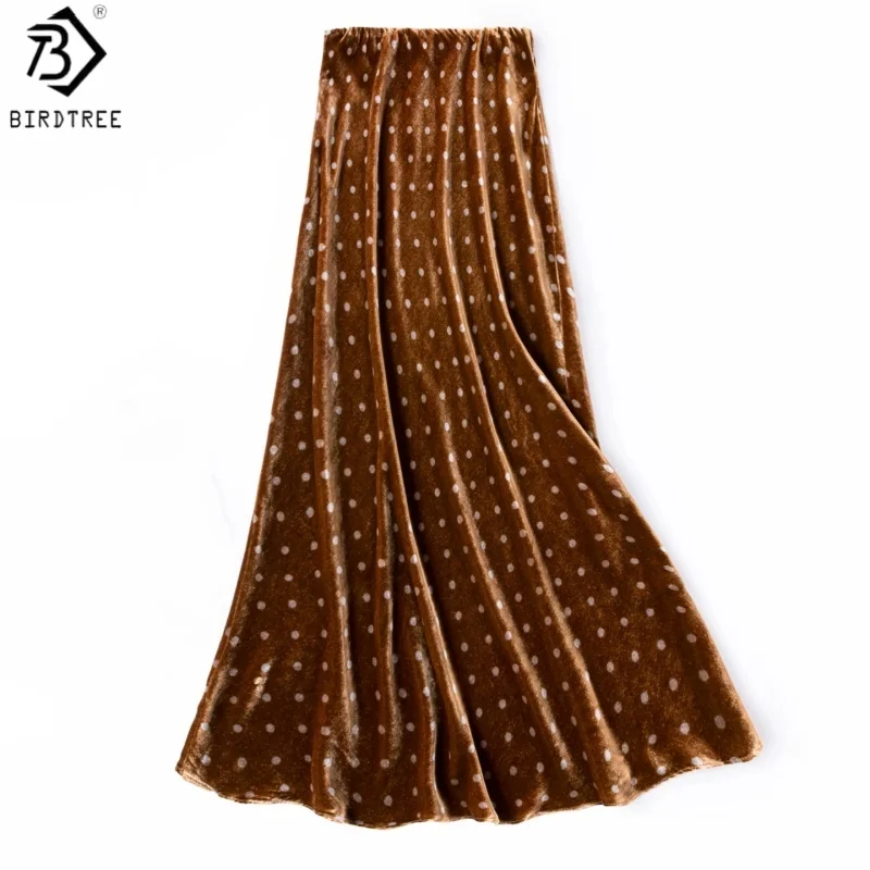 Birdtree, Silk Blended Velvet Slim Skirt, Elastic Waist, Women's Bias-cut Dot Print Retro Skirts, 2026 Autumn New D68802JF
