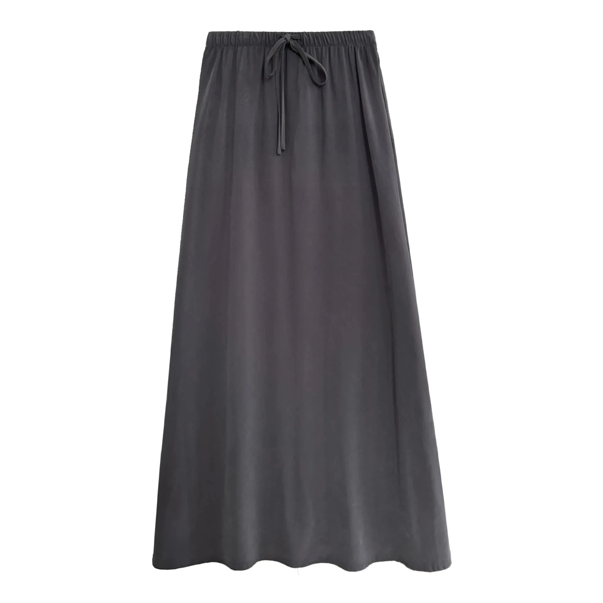 Women's Simple Cupro Drawstring Maxi Skirt Black Gray Elastic Waist High-end A-line Slit Hem Covering Long Skirt for Women