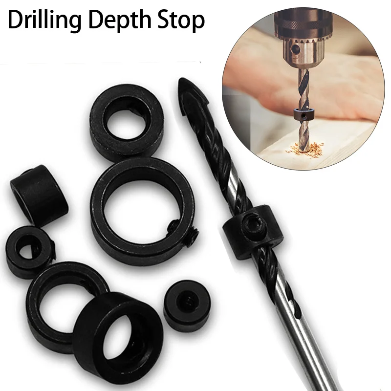 9pcs Woodworking Drill Bit Depth Stop Collars Ring Dowel Shaft Chuck Wrench Ring Drilling Positioner Spacing Ring Locator Tool