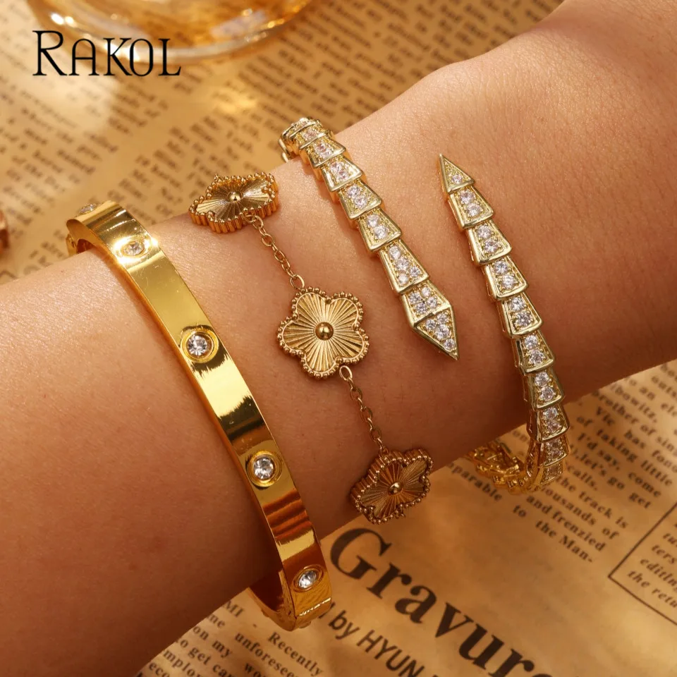 

RAKOL Stylish Cubic Zirconia Snake Geometric Bangle Bracelet Gold Plated Stainless Steel Flowers Charm Jewelry for Women Gifts