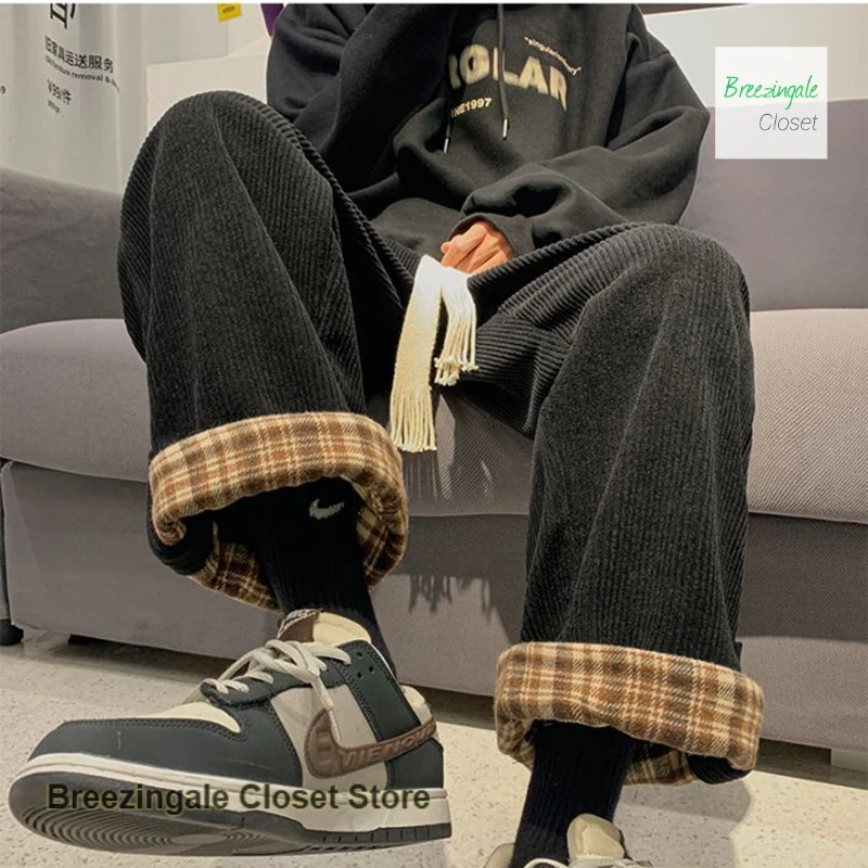 Pantaloni dritti a gamba larga con flangia scozzese in velluto a coste retrò allentato alla moda in stile giapponese Pantaloni casual dal design autunnale e invernale da donna