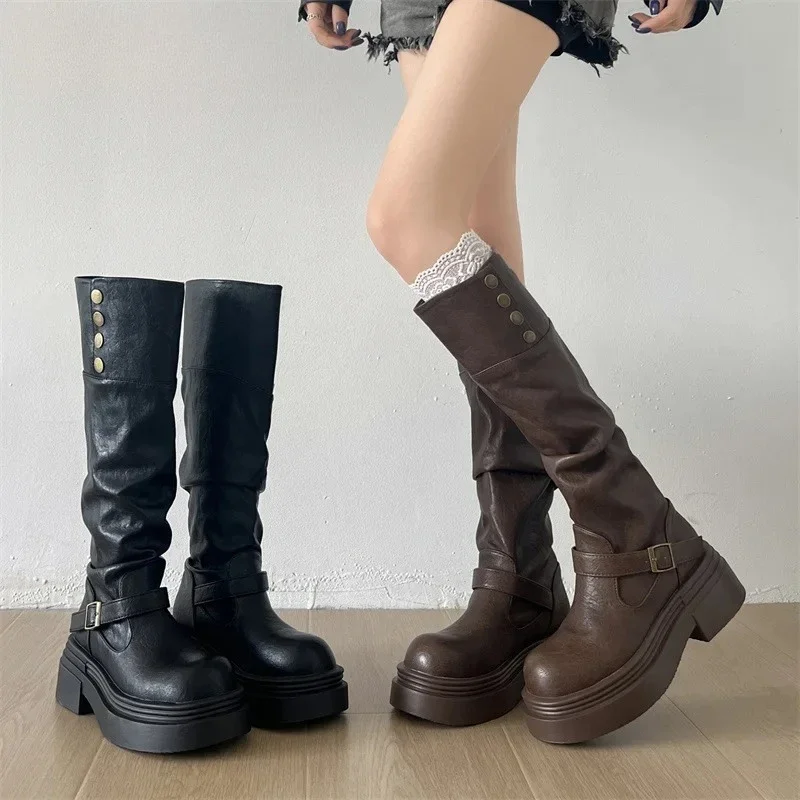 

Осень-зима 2022, женские рыцарские сапоги, лаконичные туфли без шнуровки на толстой подошве, женские винтажные ковбойские сапоги в стиле вестерн Botas De Mujer