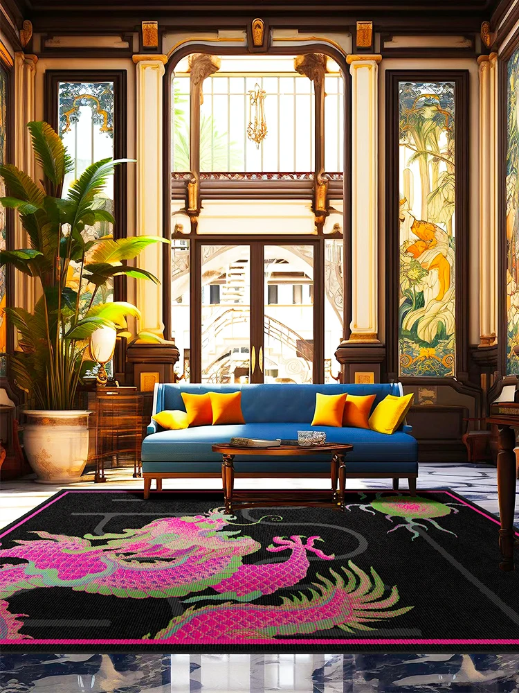 Art Chinese Dragon Carpet Pink Black Retro Decorative Rugs Creative Luxury Living Room Carpets Comfortable Non Slip Bedroom Rug