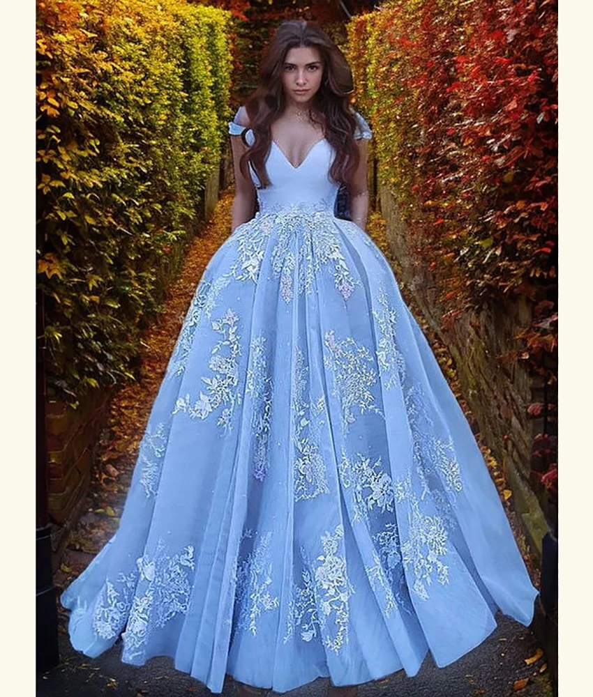

Customized Graceful Organza A-Line Off the Shoulder Appliques Evening Dress High Quality V-Neck Short Sleeves prom dresses