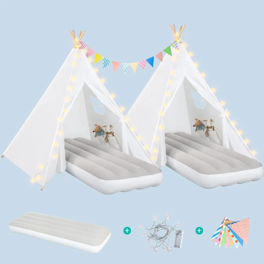 2 conjuntos de tenda tipi para crianças com cama de ar inflável, barraca de brincar branca dobrável para ambientes internos e externos, meninos e meninas