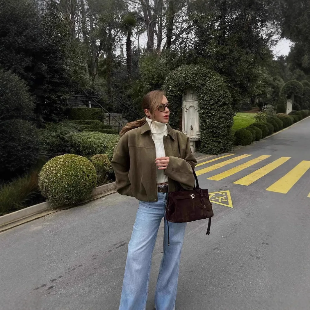 2025 Spring New Loose Short Coat for Women  French Retro Zip Lapel Suede  Elastic Waist Jacket Outerwear