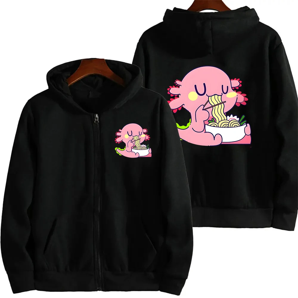 Women Zip Up Hoodies Axolotl Eating Ramen Print Hoodies Long Sleeve Hooded Sweatshirt Harajuku Streetwear Lazy Style Jacket Coat