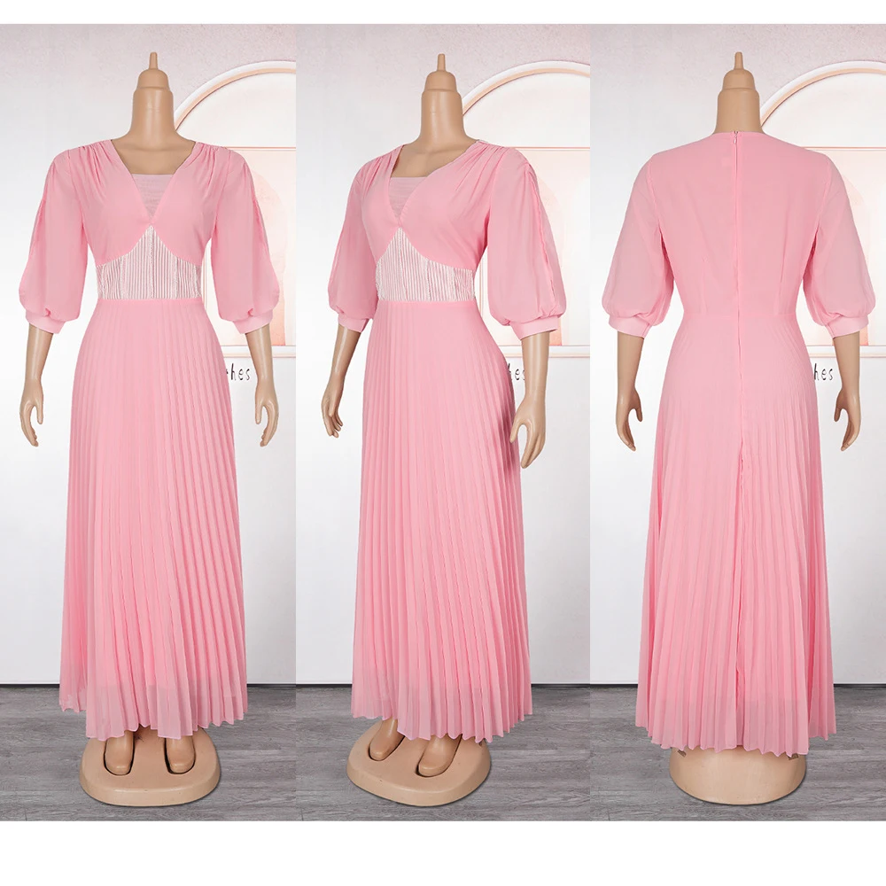 

Elegant African Dresses for Women V-Neck Chiffon Pleated Maxi Dress Africa Clothing Dashiki Ankara Vestidos Wedding Gown Kaftan