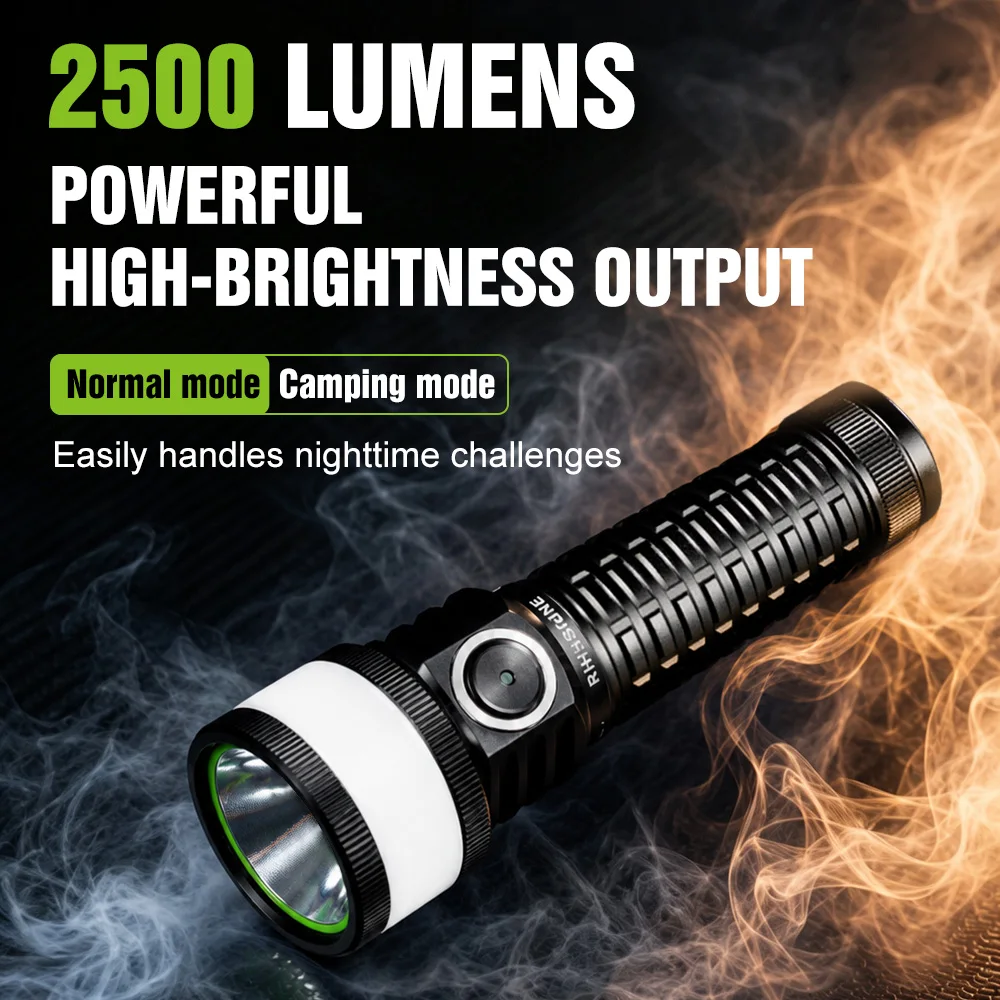 Rippshine OF2 2 IN 1 Flashlight XHP50.2 With Side COB Light 2500LM 300M USB-C Rechargeable 21700 Tactical Torch IPX8 Waterproof