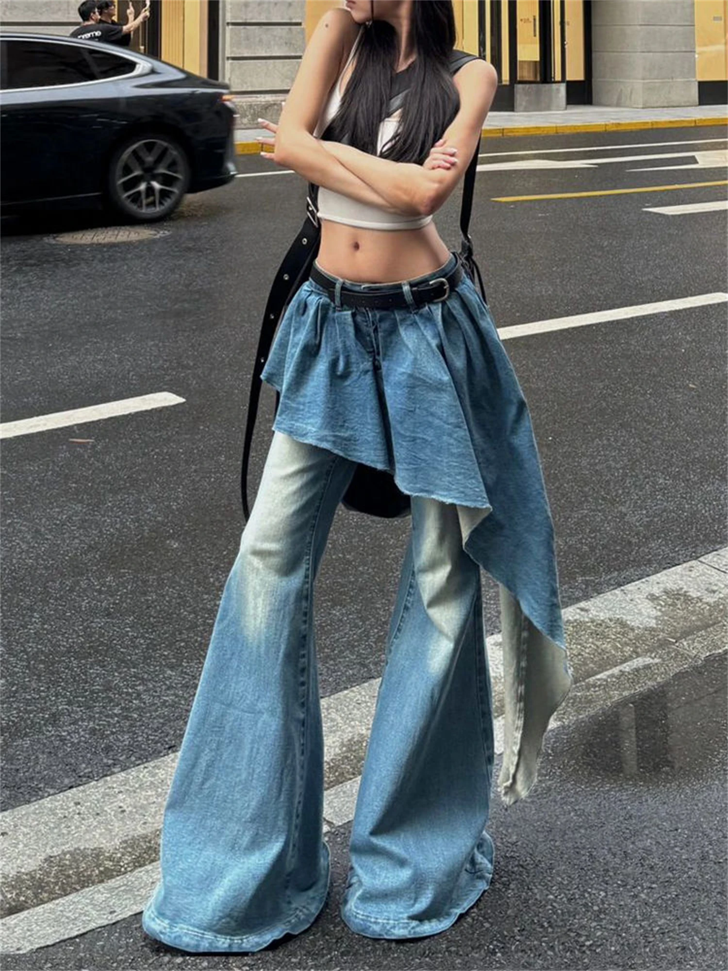 

Women's High Waist Wide Flare Leg Light Blue Jeans Asymmetric Skirt Patchwork Chain Detail Vintage Y2K Streetwear Denim Trousers