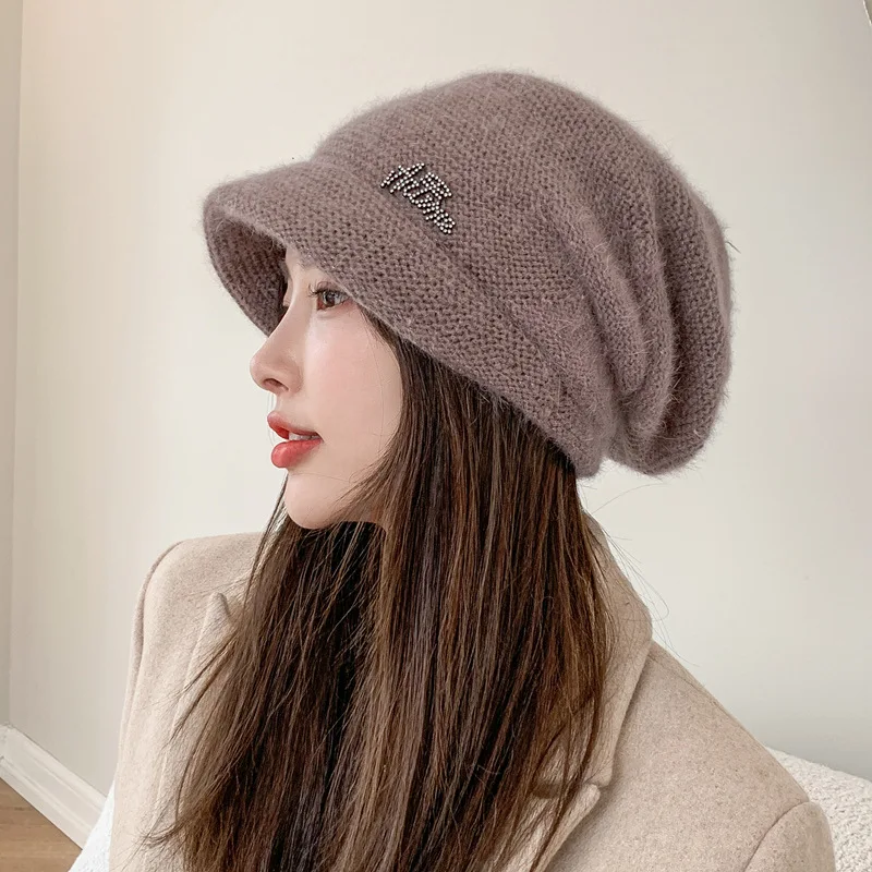 Autumn Rabbit Fur Knitted Hat for Girl Women Winter Fashion Solid Short Brim Soft Warm Cashmere Wool Skullies Female Thick Hats