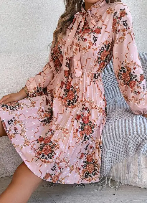 2025년 여성 의류 가을 겨울 우아한 꽃무늬 허리 묶음 긴팔 플리츠 스커트 인기 판매 사진