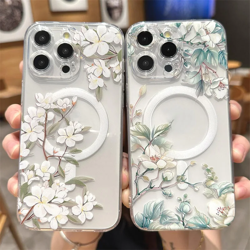 Transparent With Magsafe Magnetic Flower Branch Case For iPhone 17 16 13 12 14 15 11 Pro Max Plus Wireless Charge Cover Funda