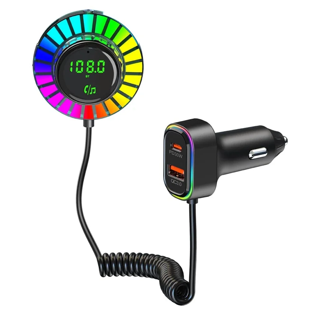 Bluetooth 5.3 FM Transmitter Car Adapter QC3.0 PD30W Charger Dual USB LED Music Streaming Supports Hands-Free Calling