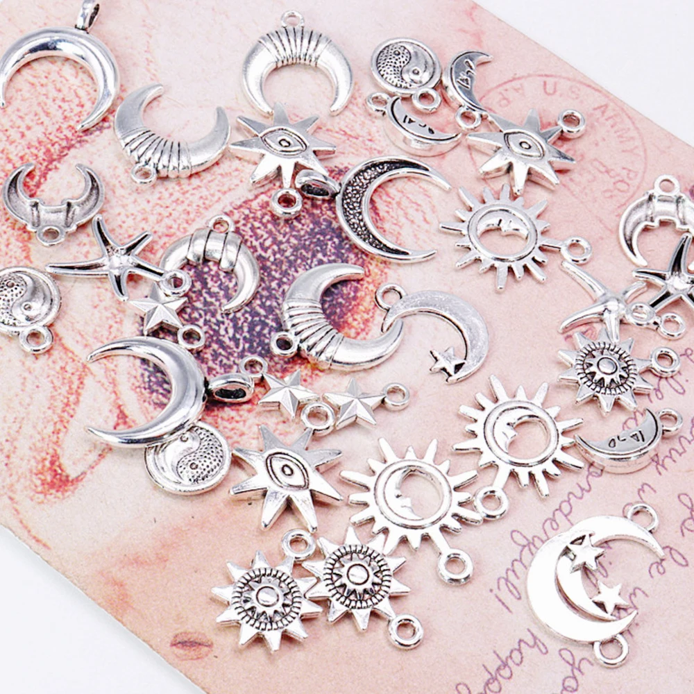 30/pcs Vintage Mixed Metal Sun Moon Star Charms Beads Handmade DIY Bracelet Pendant Necklace Clips Jewelry Making Findings