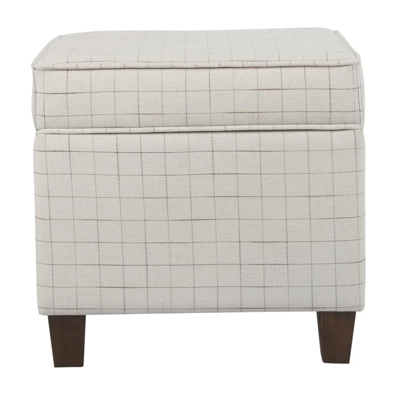 

Square Ottoman with Hidden Storage Wood Frame Grid Patterned Fabric Upholstery Tapered Walnut Legs Living Room Bedroom Footrest