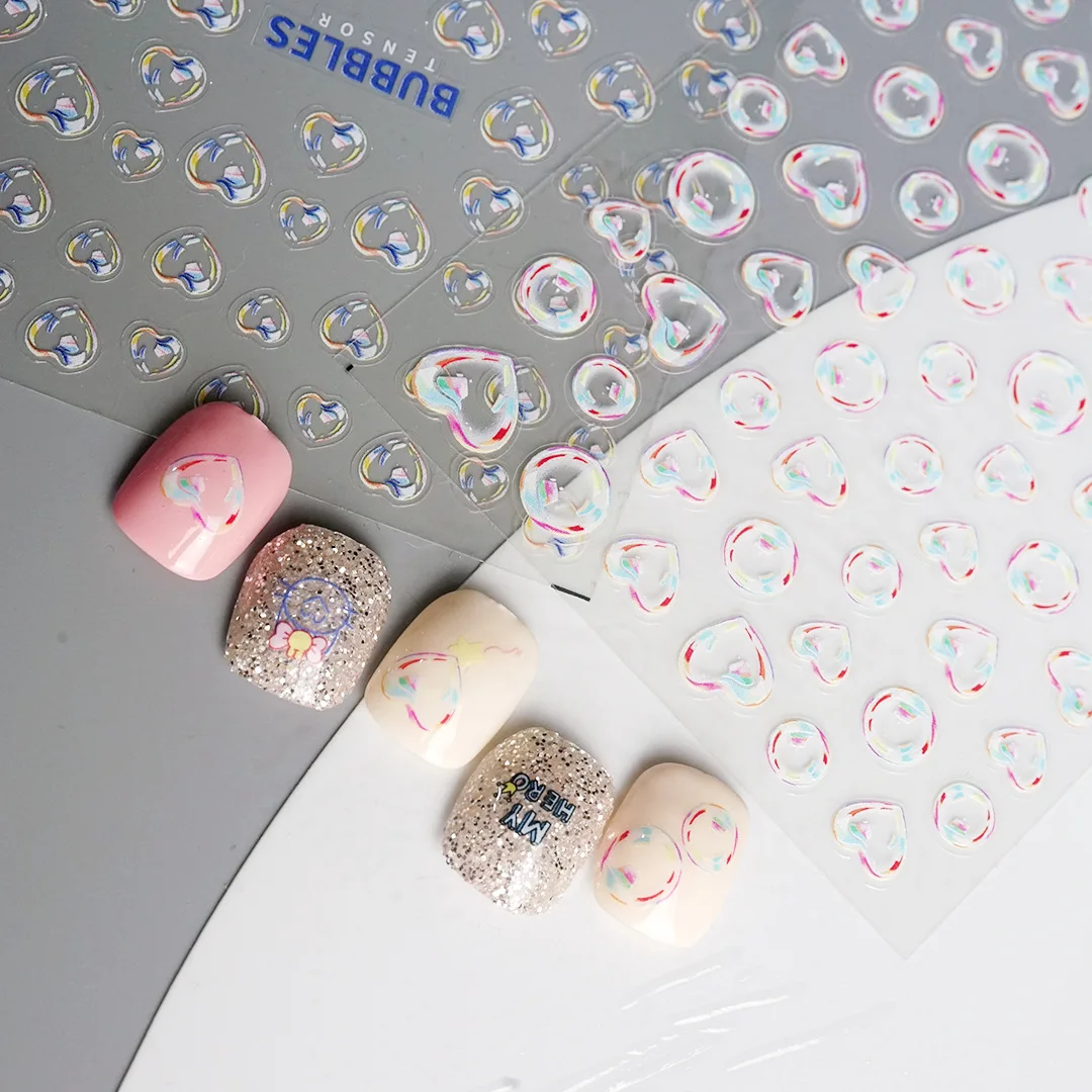 1 szt. Modna 5D Kawaii różowo-niebiesko-białe bąbelki naklejka artystyczna do paznokci z wydrążonym ozdoba do paznokci do przenoszenia miłości samoprzylepne naklejki z suwakiem