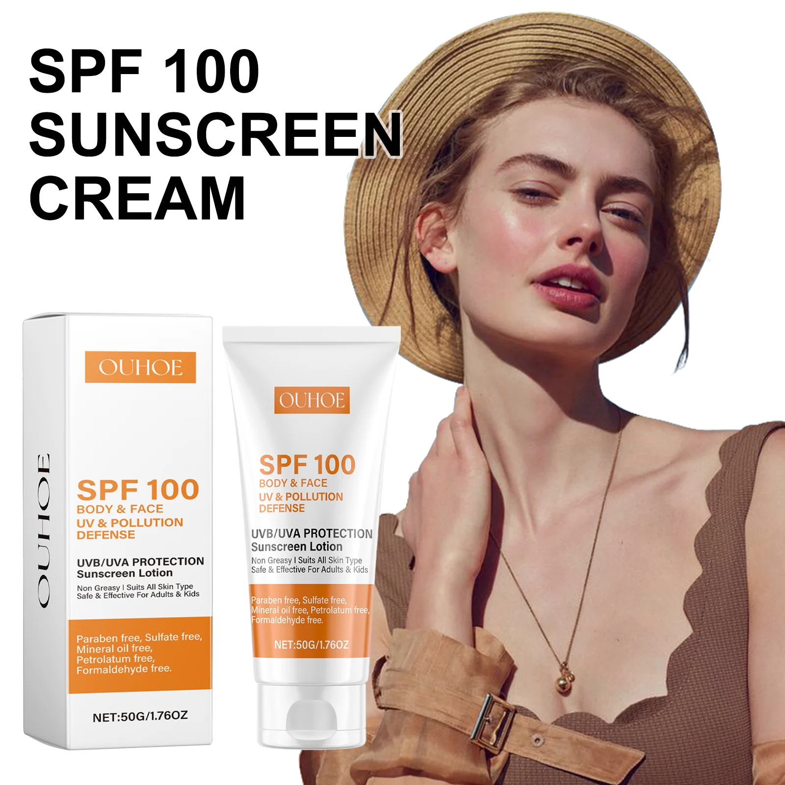 كريم وقاية من الشمس للجسم والوجه من Ouhoe SPF 100 حماية من الأشعة فوق البنفسجية فوق البنفسجية UVB مانع غير دهني للاستخدام اليومي في الصيف في الهواء الطلق على الشاطئ 50 جرام #1