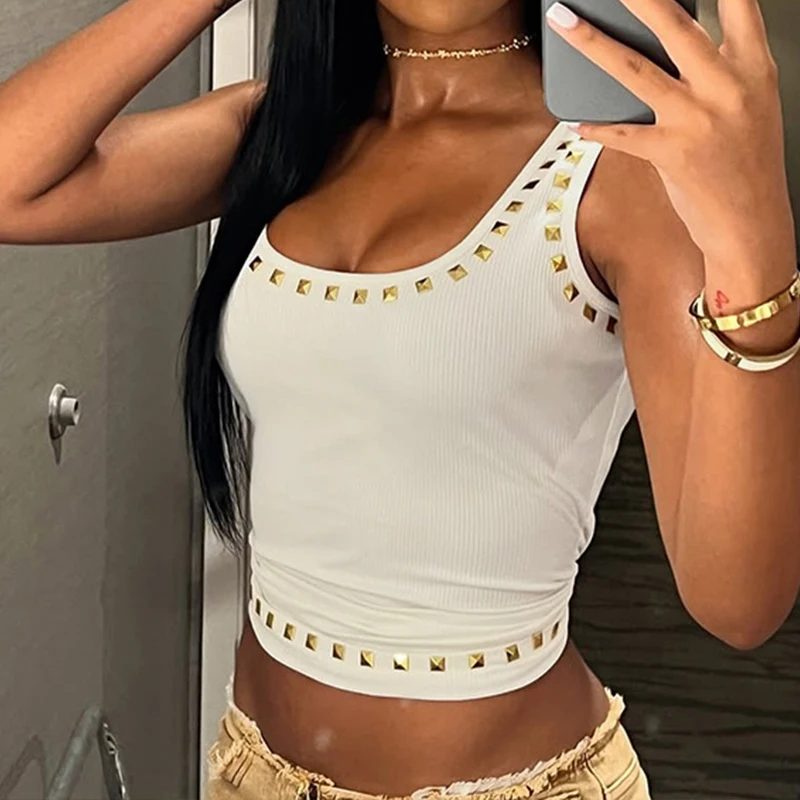 BKLD 맞춤형 트렌드 메탈 스퀘어 라인스톤 스트랩 오프 숄더 백리스 슬림 섹시한 리브 탱크 탑 여성 캐주얼 클럽 streetwear