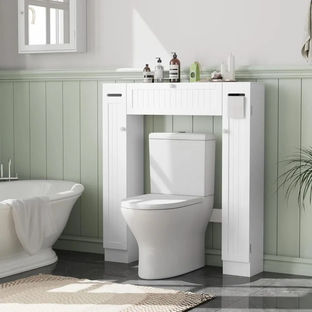 

Over The Toilet Storage Cabinet, Bathroom Space Saver with Paper Holder and Adjustable Shelves, Freestanding Toilet Cabinet