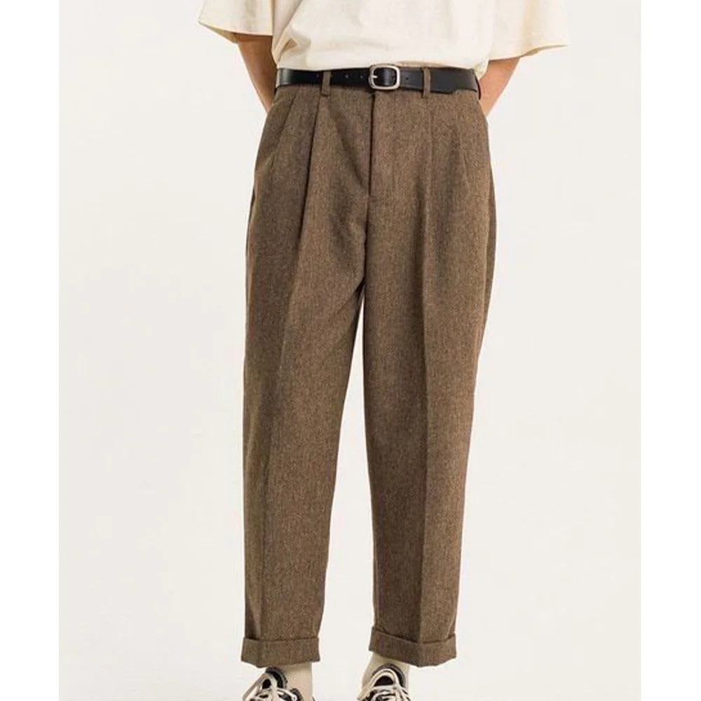 

Mens Wool Blend Trousers Pleated Dress Pants Comfortable Breathable Solid Color Tapered Pants Business Casual Formal Office Wear