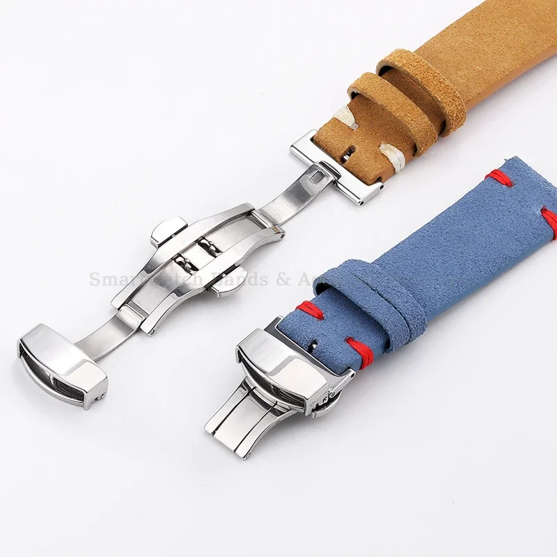 18mm 20mm 22mm Suede Stitching Leather Watch Strap Quick Release Bracelet Vintage Handmade Wrist Band Folding Clasp Accessories