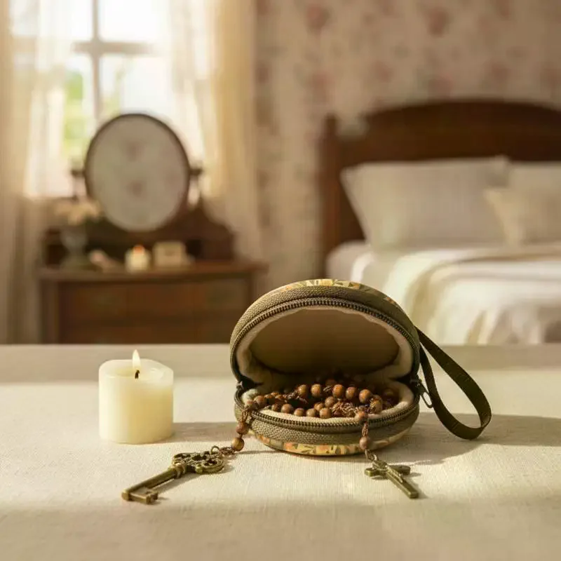 Church Prayer Rosary Storage Bag Iron Artwork Zippered Religious Organizer Compact Holder for Gifts Travel