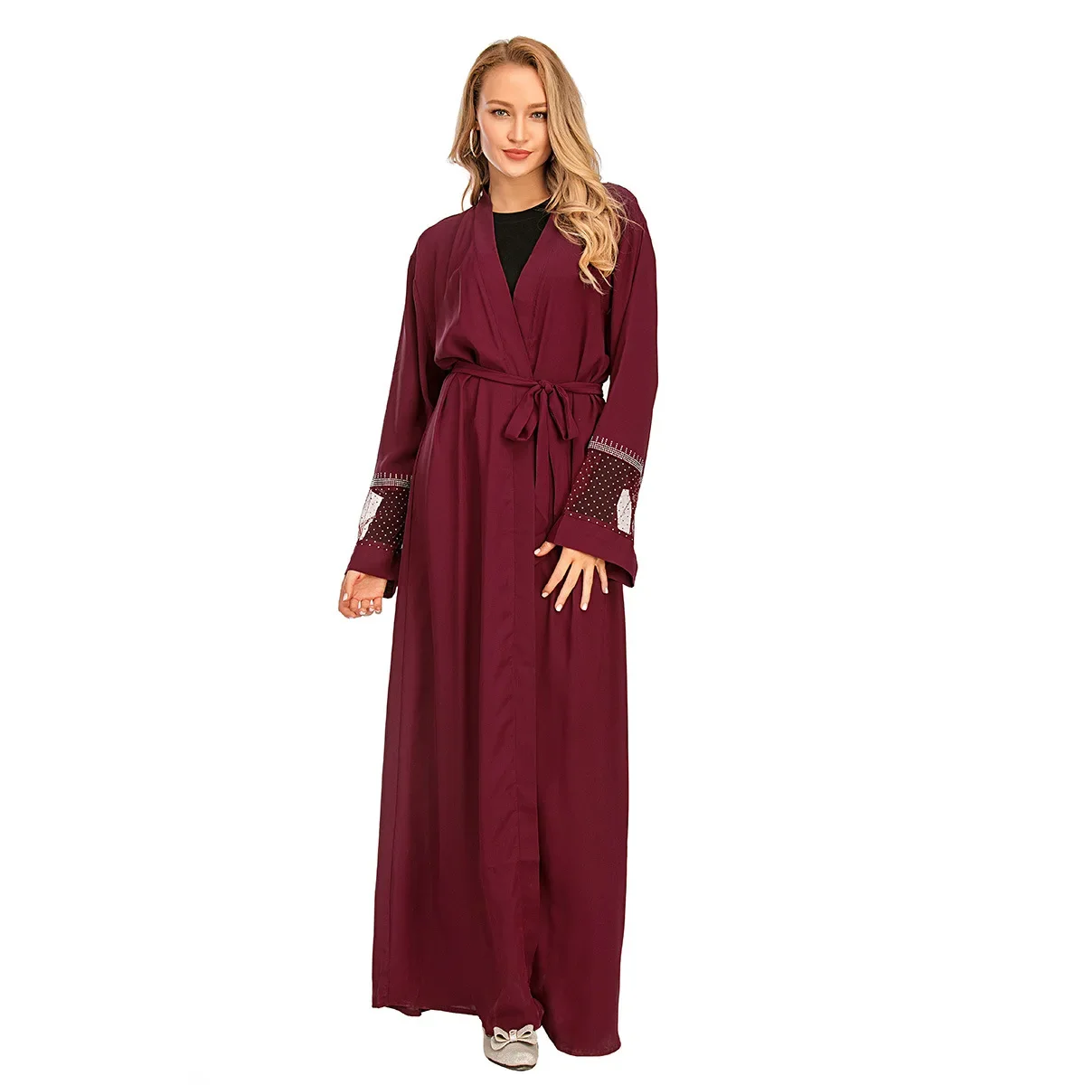 Robe de soirée à lacets en diamant pour femmes, Cardigan Abaya, Abayas à manches longues, Robes musulmanes patchwork, Caftan Eid, Robe longue de soirée